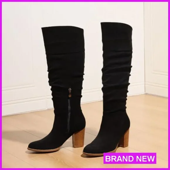 Suede Knee High Boots Chunky Block Heel Slouch Fashion Round Toe Side Zipper - Picture 5 of 7